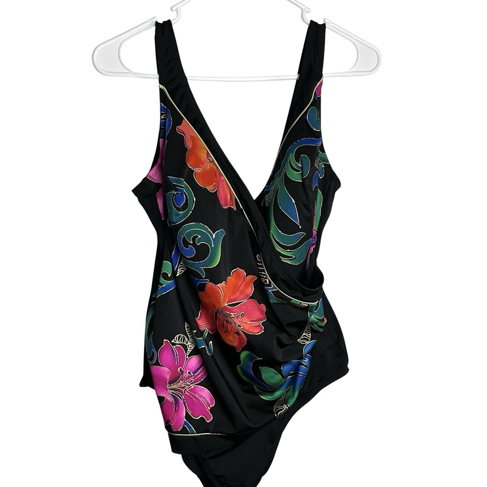 Vtg Longitude Womens One Piece Swimsuit Size 20W Black Floral Wrap Built in Bra